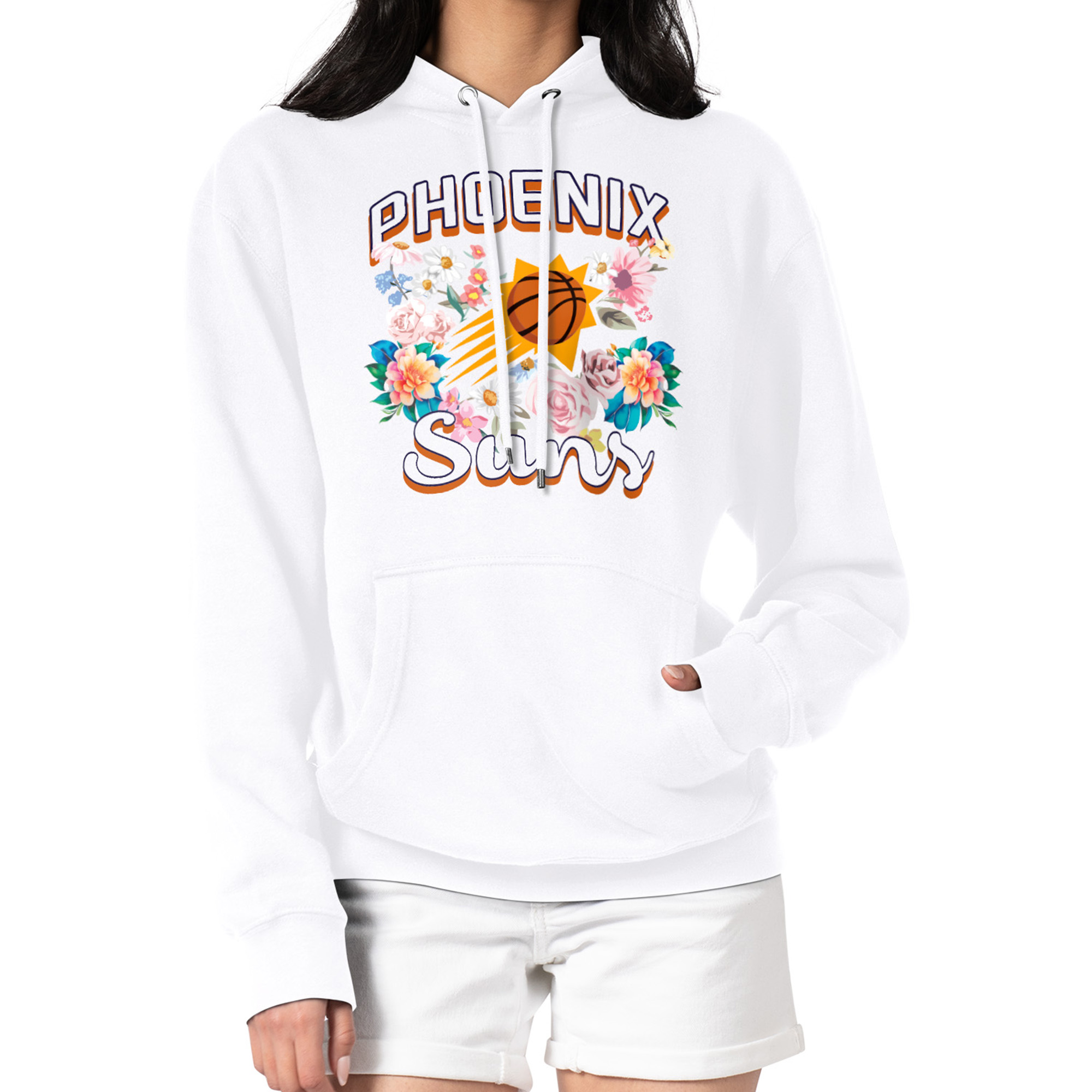 Women's G-III 4Her by Carl Banks White Phoenix Suns Flowers Team Logo Graphic Fleece Pullover Hoodie
