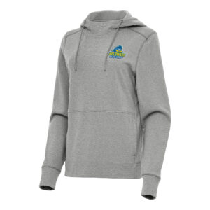 Women's Antigua Heather Gray Delaware Fightin' Blue Hens Justice Pullover Hoodie