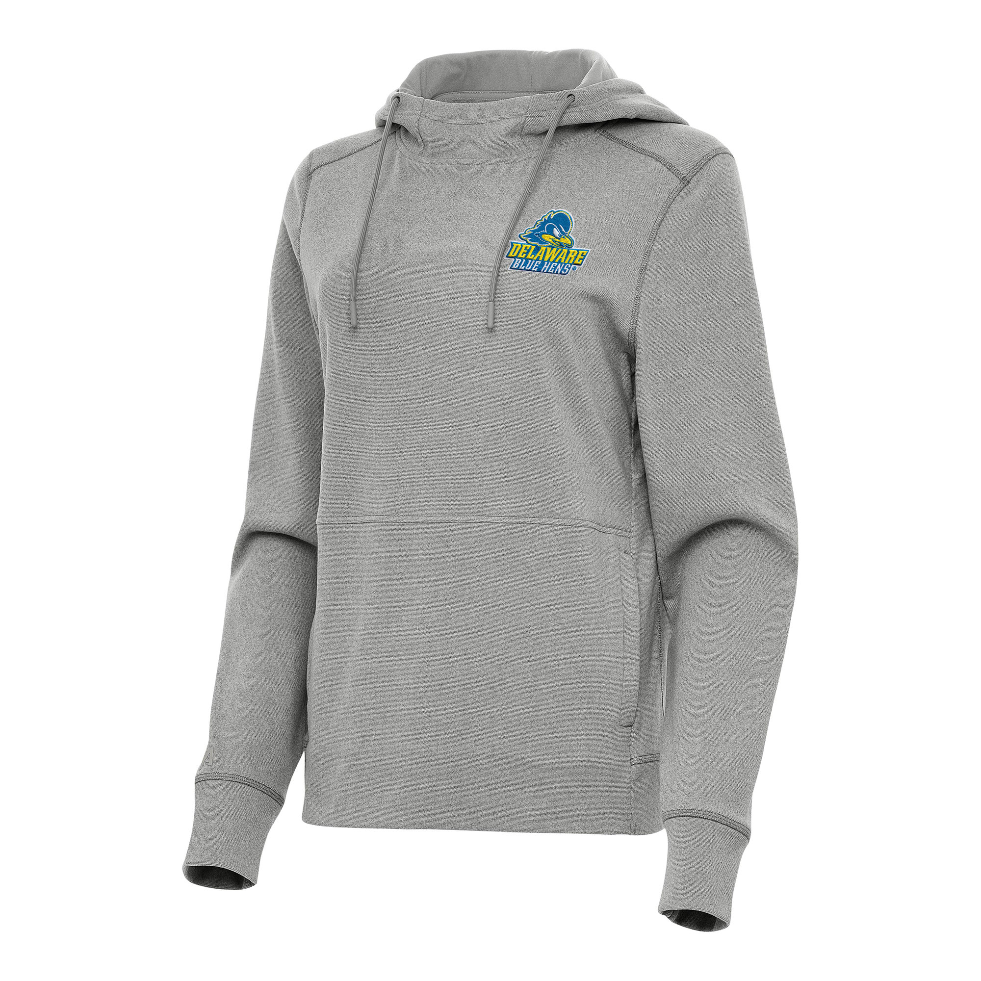 Women's Antigua Heather Gray Delaware Fightin' Blue Hens Justice Pullover Hoodie