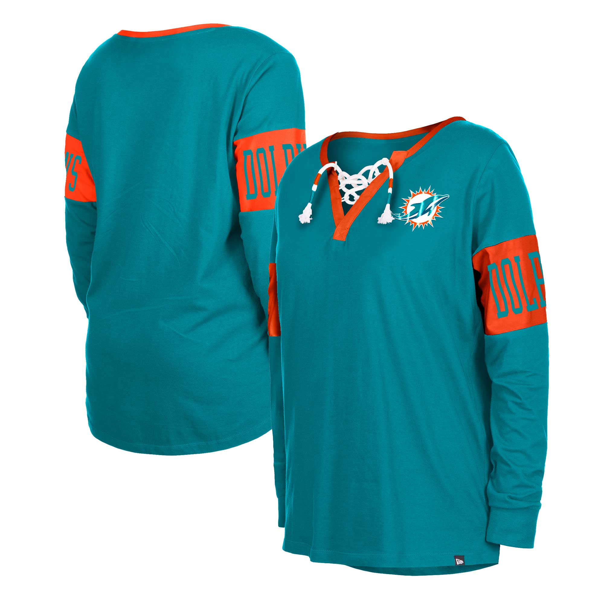 Women's New Era Aqua Miami Dolphins Lace-Up Notch Neck Long Sleeve T-Shirt - Image 2