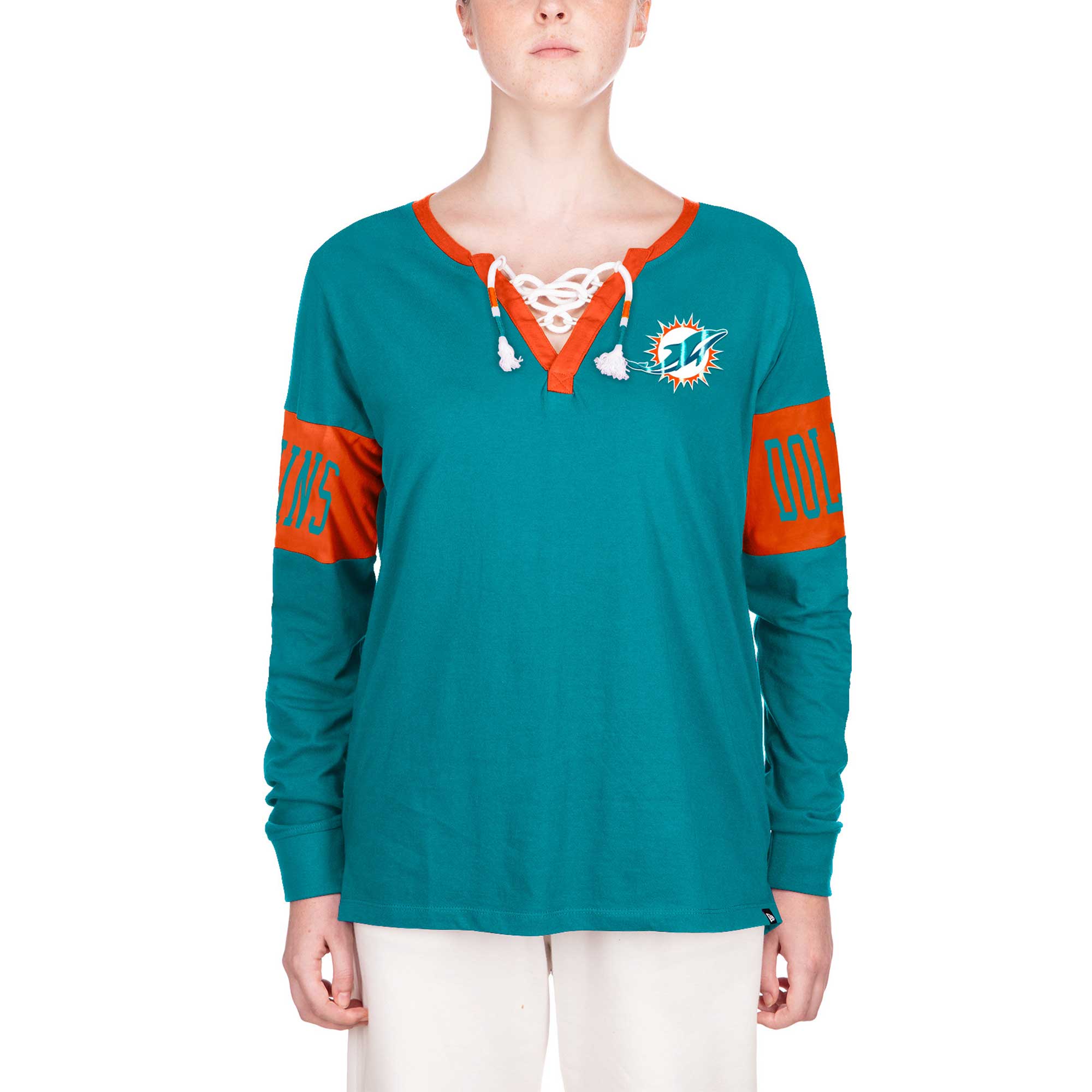 Women's New Era Aqua Miami Dolphins Lace-Up Notch Neck Long Sleeve T-Shirt - Image 5
