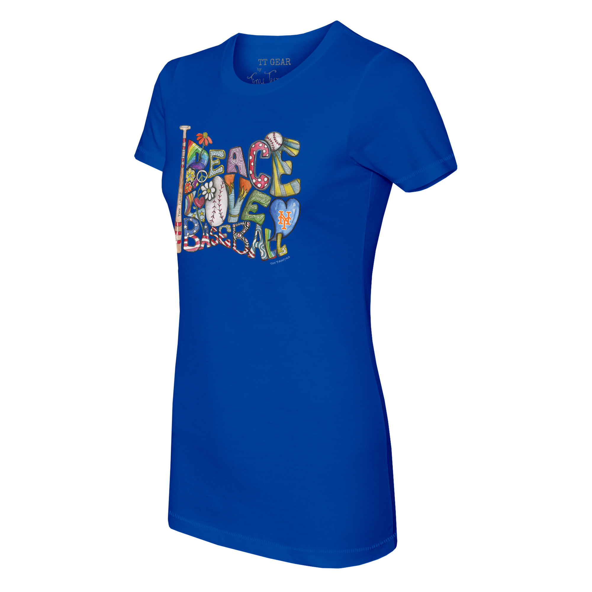 Women's Tiny Turnip Royal New York Mets Peace Love Baseball Fitted T-Shirt - Image 6