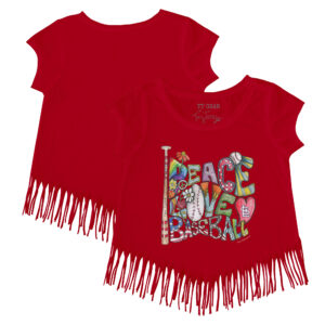Girls Youth Tiny Turnip Red St. Louis Cardinals Peace Love Baseball Fringe T-Shirt