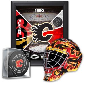 Calgary Flames Ultimate Fan Collectibles Bundle - Includes Team Impact 15" x 17" Frame Mini Goalie Mask and Official Game Puck