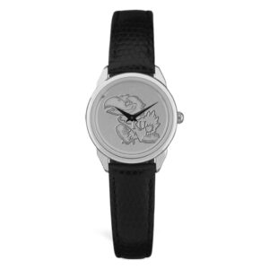 Women's Kansas Jayhawks Silver Medallion Black Leather Wristwatch