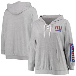 Women's Fanatics Heathered Gray New York Giants Plus Size Lace-Up Pullover Hoodie