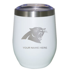 White Carolina Panthers 12oz. Personalized Etched Stemless Tumbler