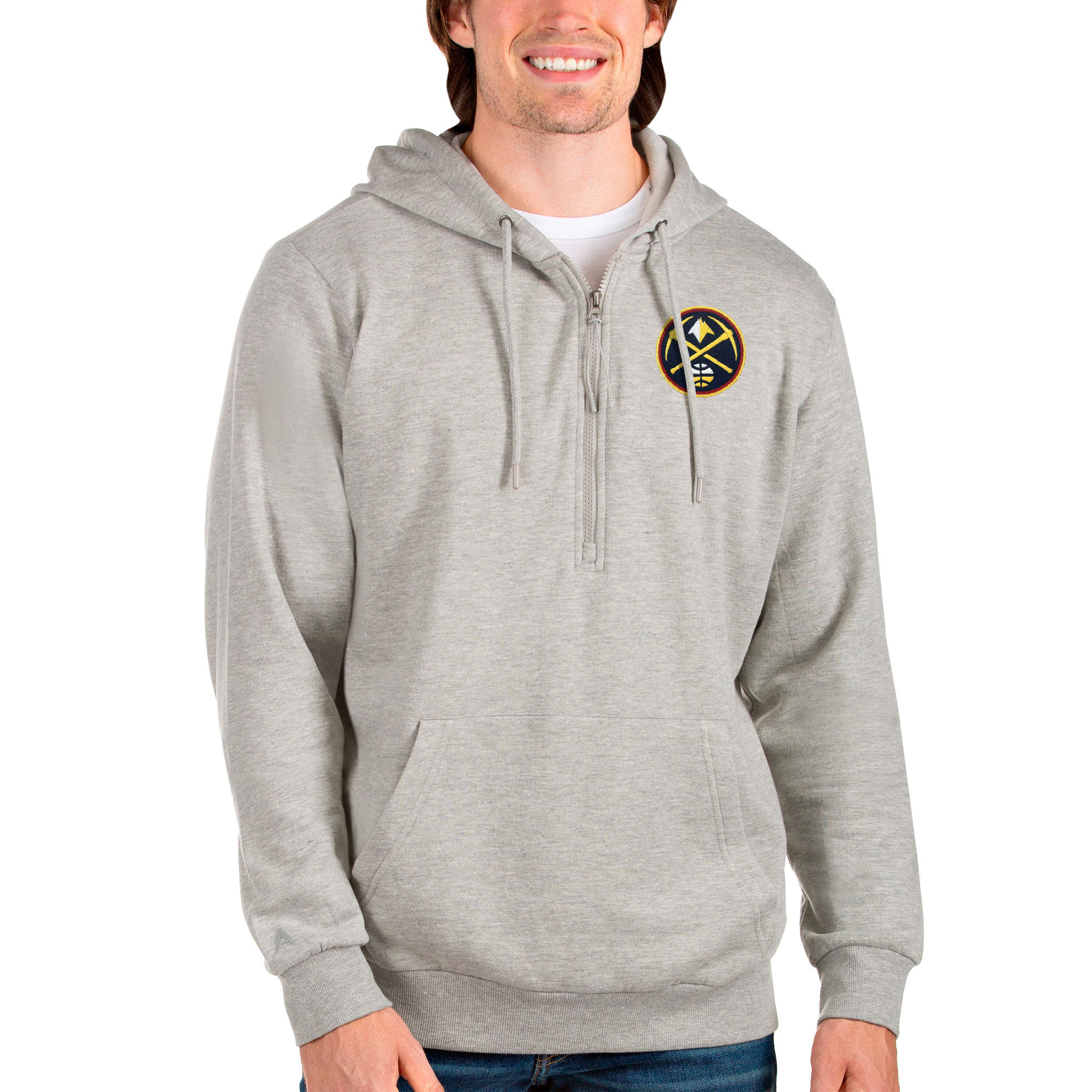 Men's Antigua Heathered Gray Denver Nuggets Action Quarter-Zip Pullover Hoodie