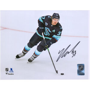 Yanni Gourde Seattle Kraken Autographed 8'' x 10'' Deep Sea Blue Jersey Skating Photograph