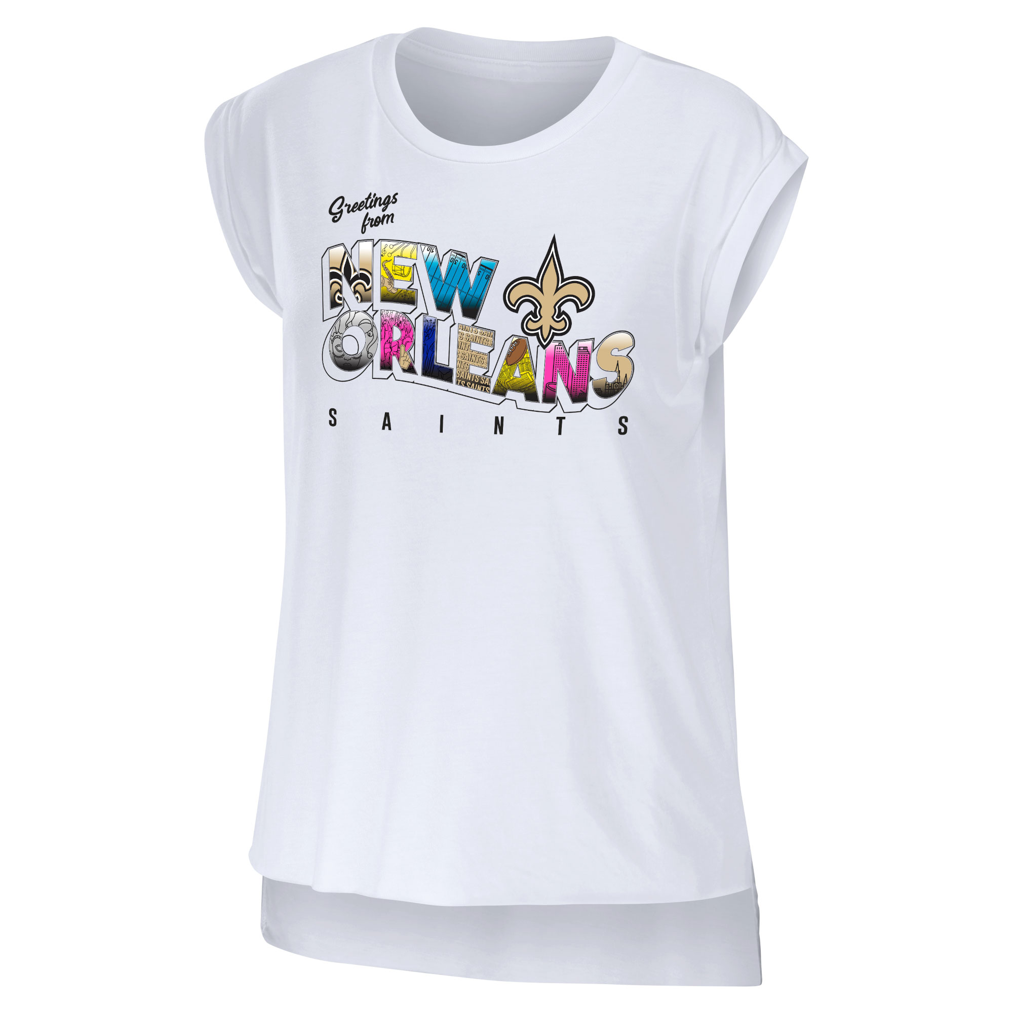 Women's WEAR by Erin Andrews White New Orleans Saints Greetings From Muscle T-Shirt - Image 6