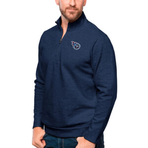 Men's Antigua Heathered Navy Tennessee Titans Gambit Quarter-Zip Pullover Top