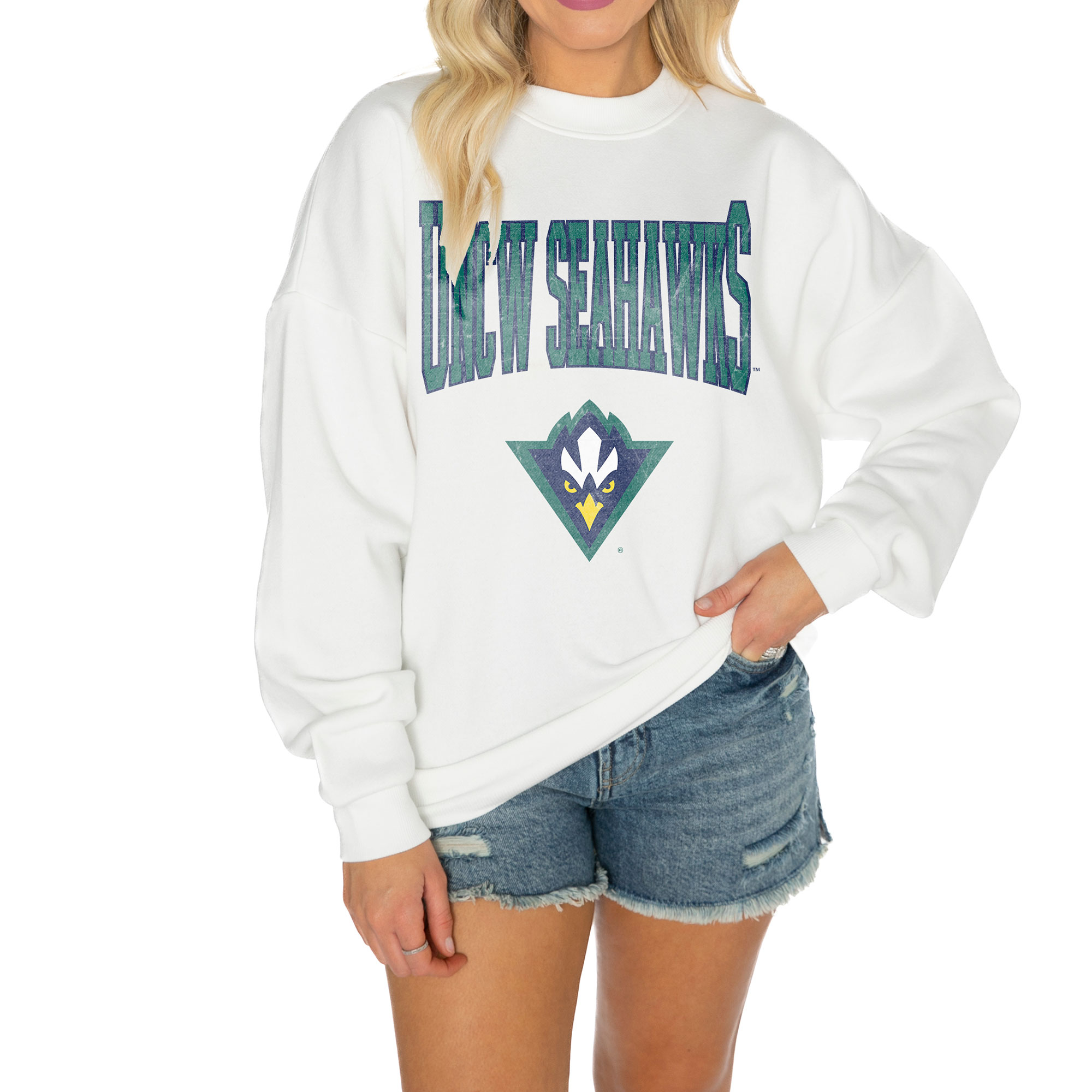 Women's Gameday Couture White UNC Wilmington Seahawks Good Vibes Premium Fleece Drop Shoulder Pullover Sweatshirt