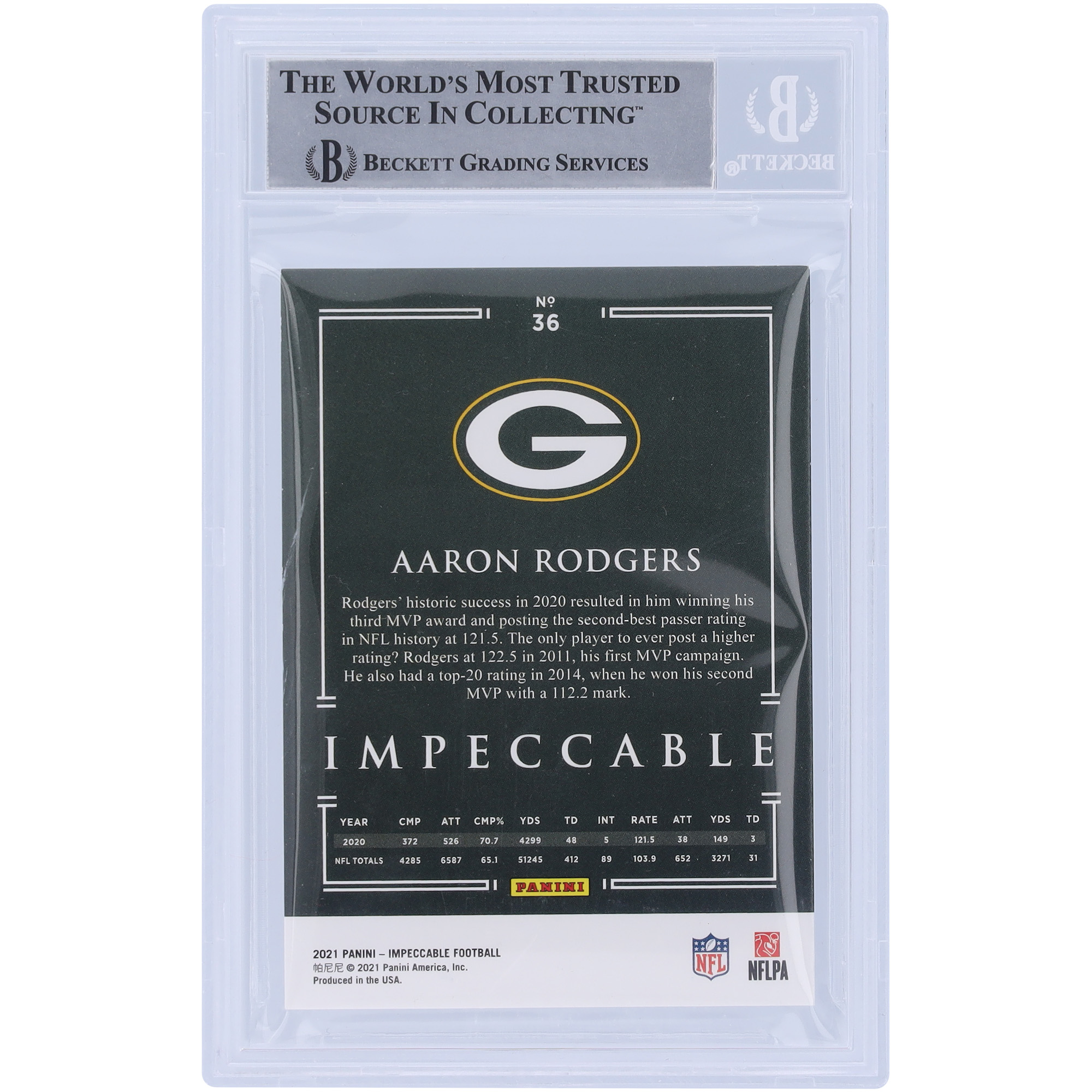 Aaron Rodgers Green Bay Packers Autographed 2021 Panini Impeccable Bronze Variation #36 #14/35 Beckett Fanatics Witnessed Authenticated Card - Image 3