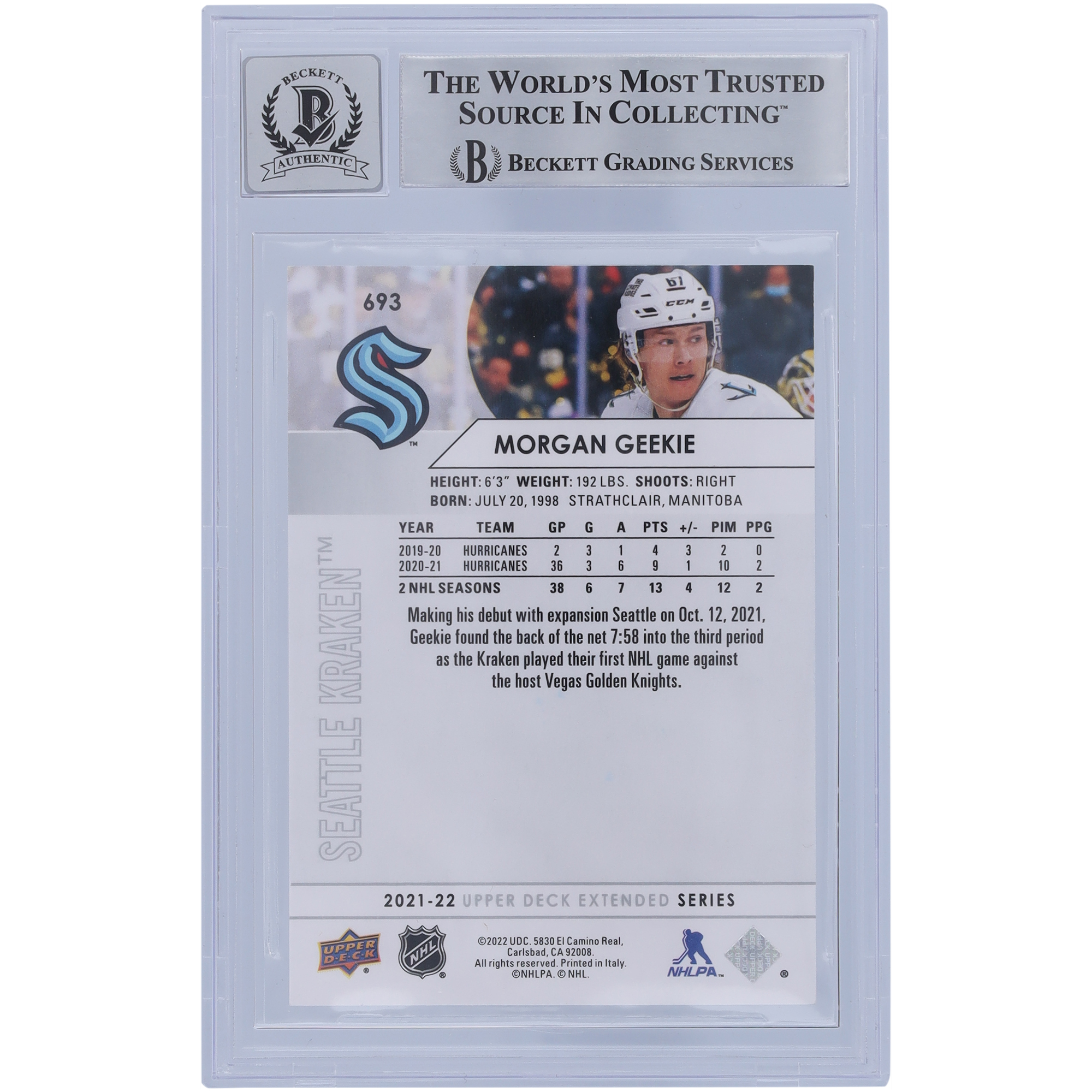 Morgan Geekie Seattle Kraken Autographed 2021-22 Upper Deck Extended Series #693 Beckett Fanatics Witnessed Authenticated 10 Card - Image 7