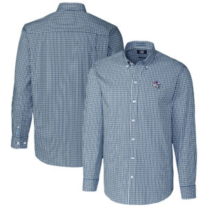 Men's Cutter & Buck  Navy Buffalo Bills Helmet Easy Care Stretch Gingham Long Sleeve Button-Down Shirt