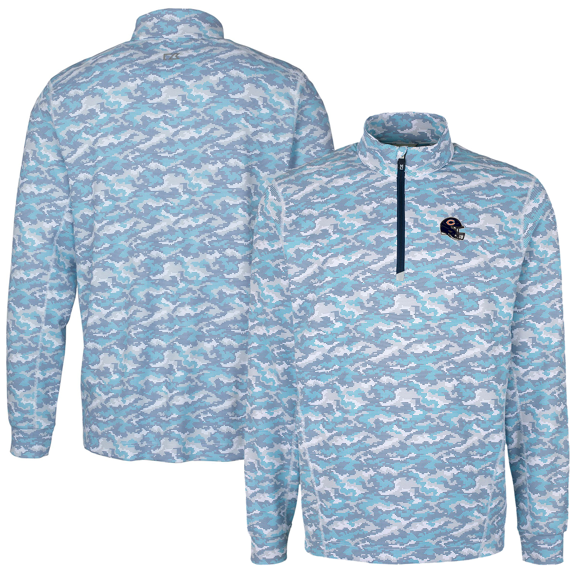 Men's Cutter & Buck Light Blue Chicago Bears Helmet Traverse Camo Print Stretch Quarter-Zip Pullover Top