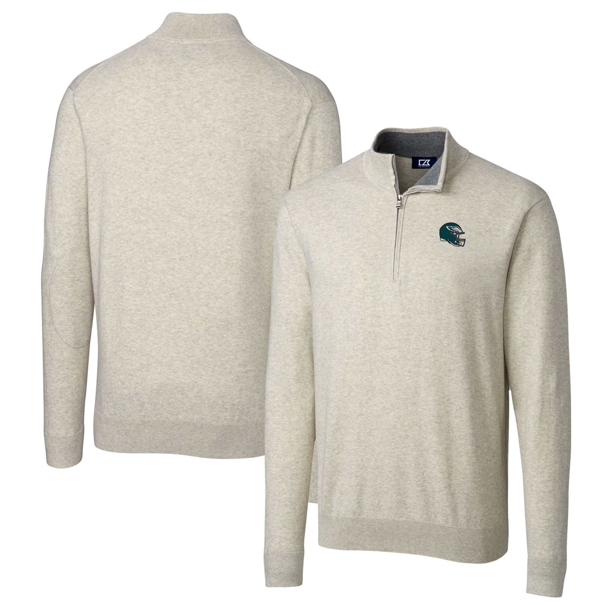 Men's Cutter & Buck Oatmeal Philadelphia Eagles Helmet Lakemont Tri-Blend Quarter-Zip Pullover Sweater