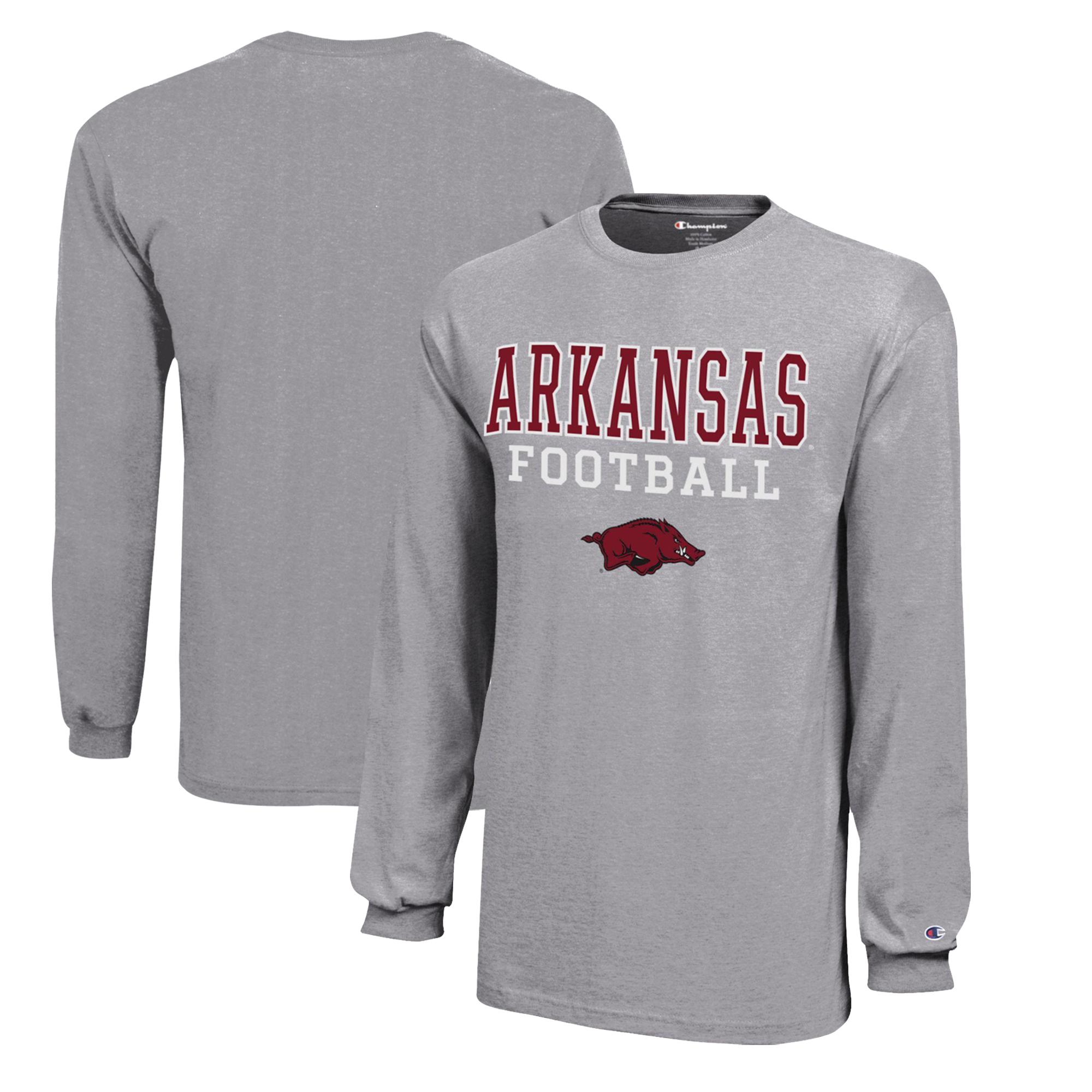 Youth Champion Gray Arkansas Razorbacks Stacked Logo Long Sleeve Football T-Shirt - Image 5