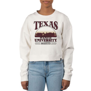 Women's Uscape Apparel Cream Texas State Bobcats Pigment Dyed Local Skyline Fleece Crop Crewneck Sweatshirt