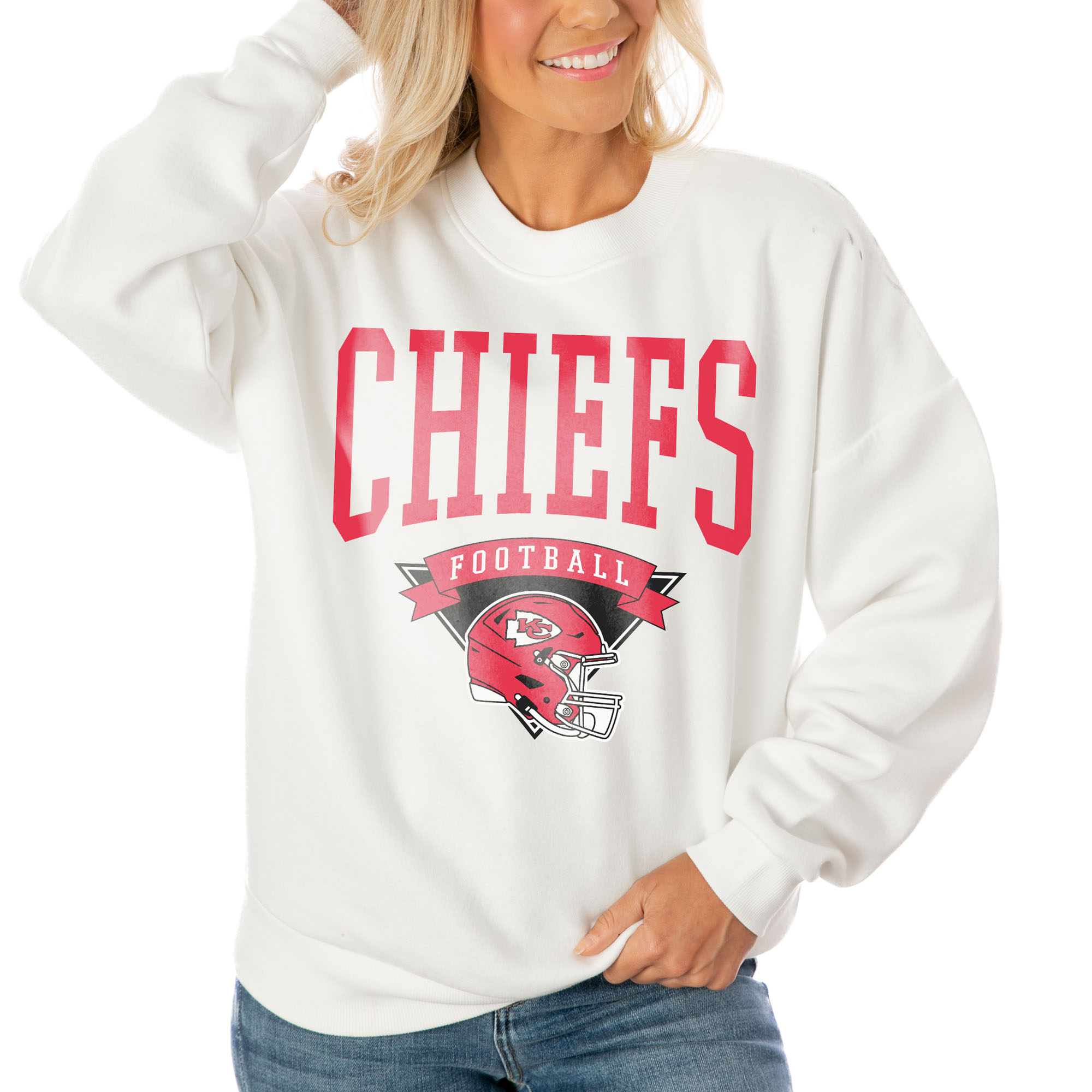 Women's Gameday Couture White Kansas City Chiefs Oversized Line Pullover Sweatshirt