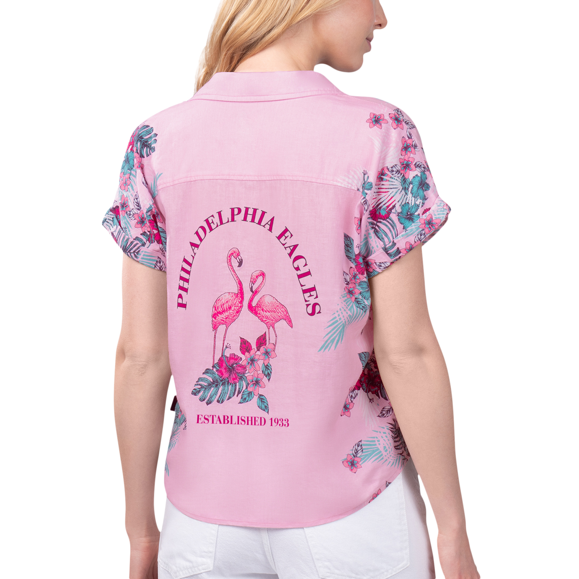 Women's Margaritaville Pink Philadelphia Eagles Stadium Tie-Front Button-Up Shirt - Image 6