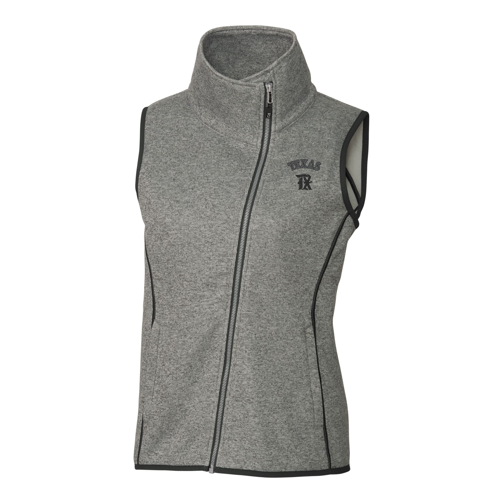 Women's Cutter & Buck Heather Gray Texas Rangers City Connect Mainsail Sweater-Knit Full-Zip Asymmetrical Vest - Image 2