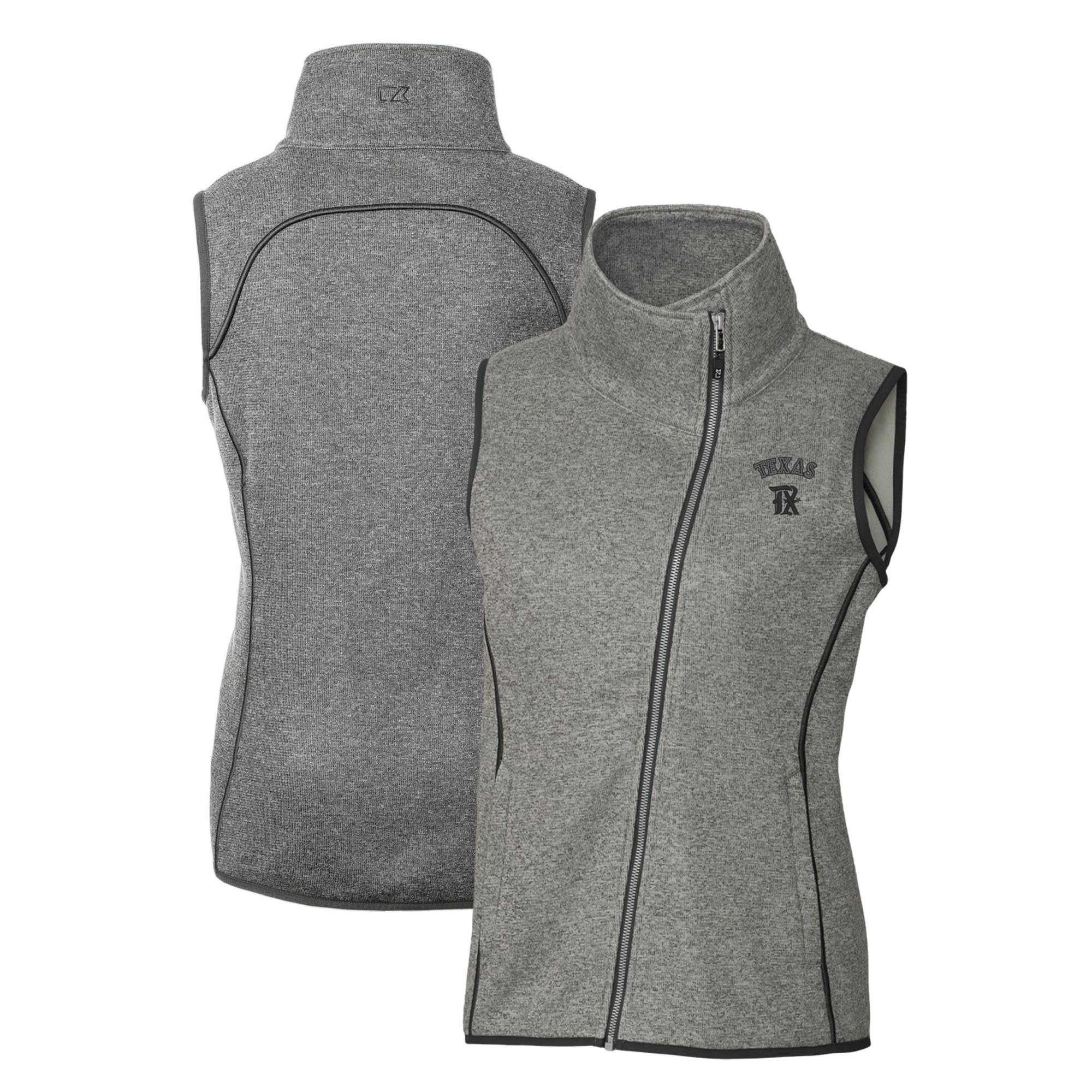 Women's Cutter & Buck Heather Gray Texas Rangers City Connect Mainsail Sweater-Knit Full-Zip Asymmetrical Vest
