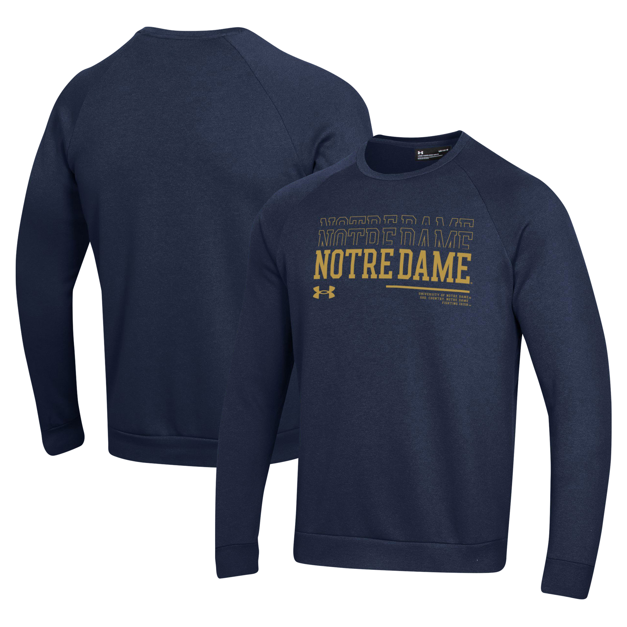 Men's Under Armour Navy Notre Dame Fighting Irish 2024/25 Sideline Wordmark Rival Raglan Pullover Sweatshirt - Image 2