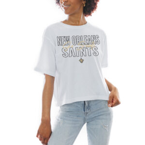 Women's Gameday Couture White New Orleans Saints Keep Playing Boxy Fit Cropped T-Shirt