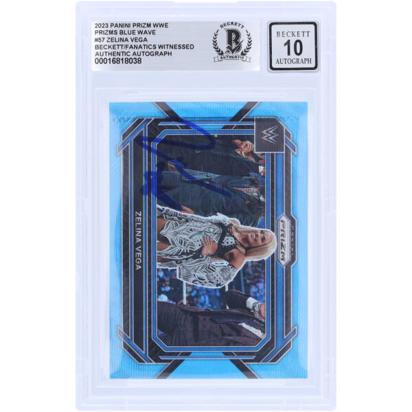 Zelina Vega WWE Autographed 2023 Panini Prizm Blue Wave Prizm #57 Beckett Fanatics Witnessed Authenticated 10 Card