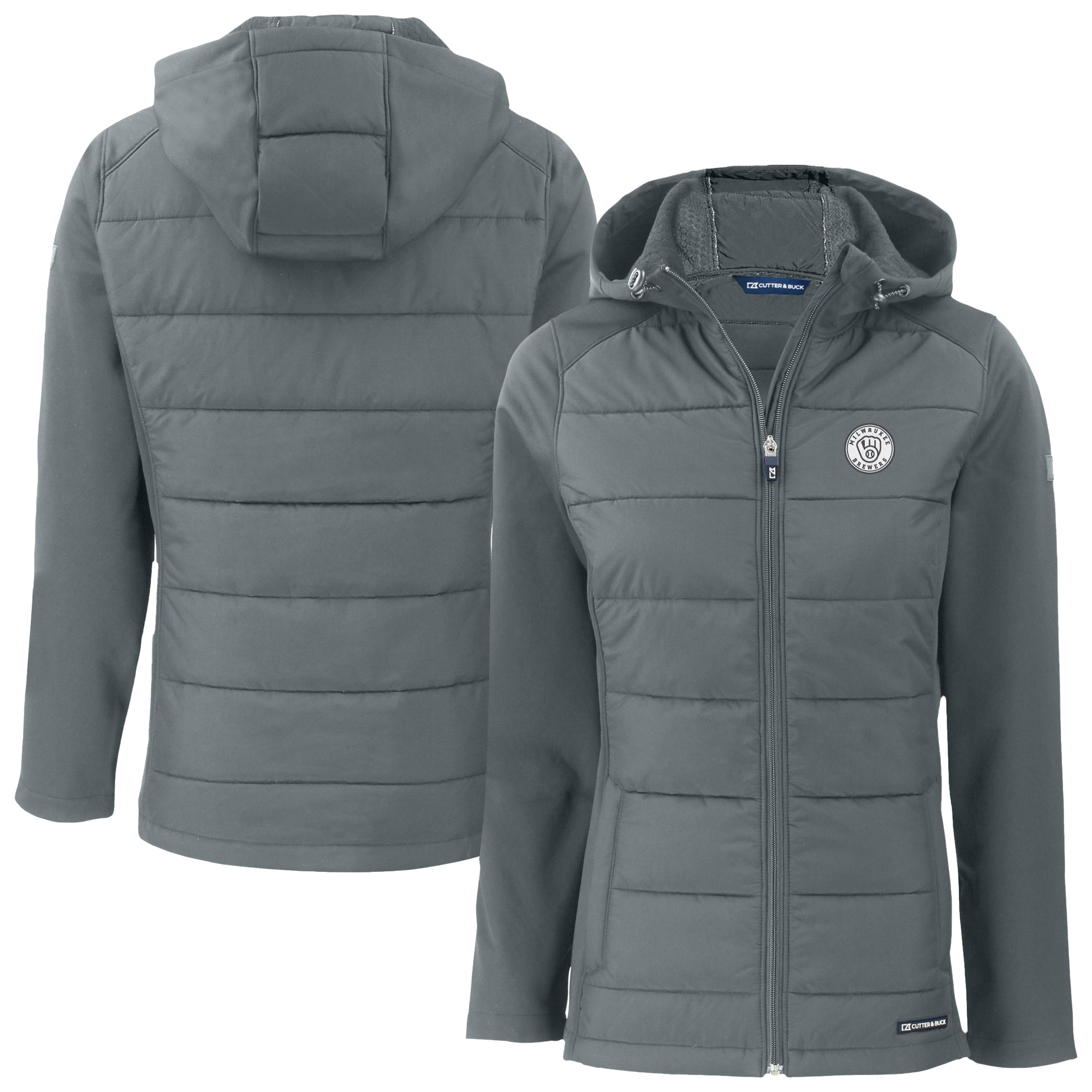 Women's Cutter & Buck Charcoal Milwaukee Brewers Evoke Hybrid Eco Softshell Recycled Full-Zip Hooded Jacket