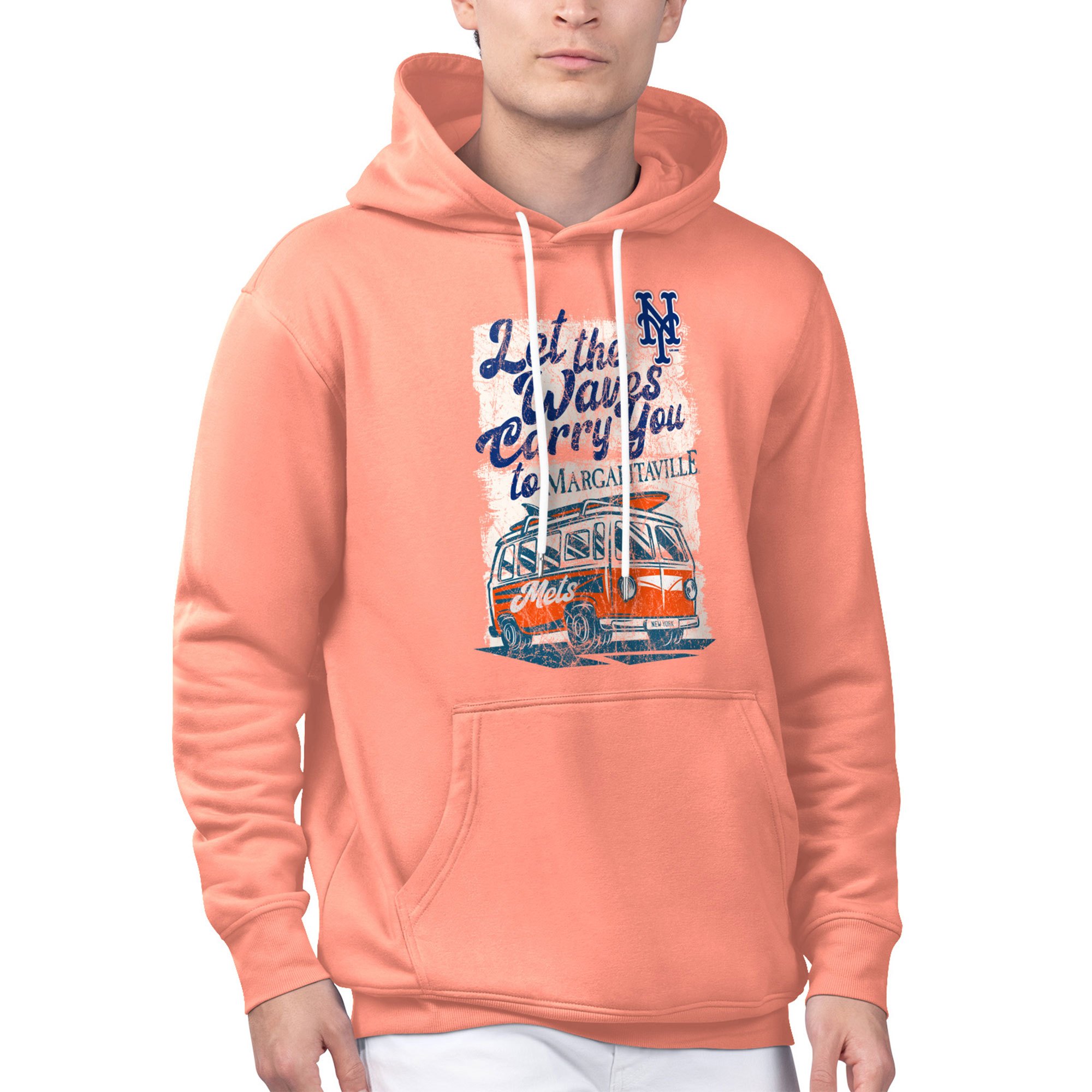 Men's Margaritaville Coral New York Mets Bus Waves Graphic Pullover Hoodie