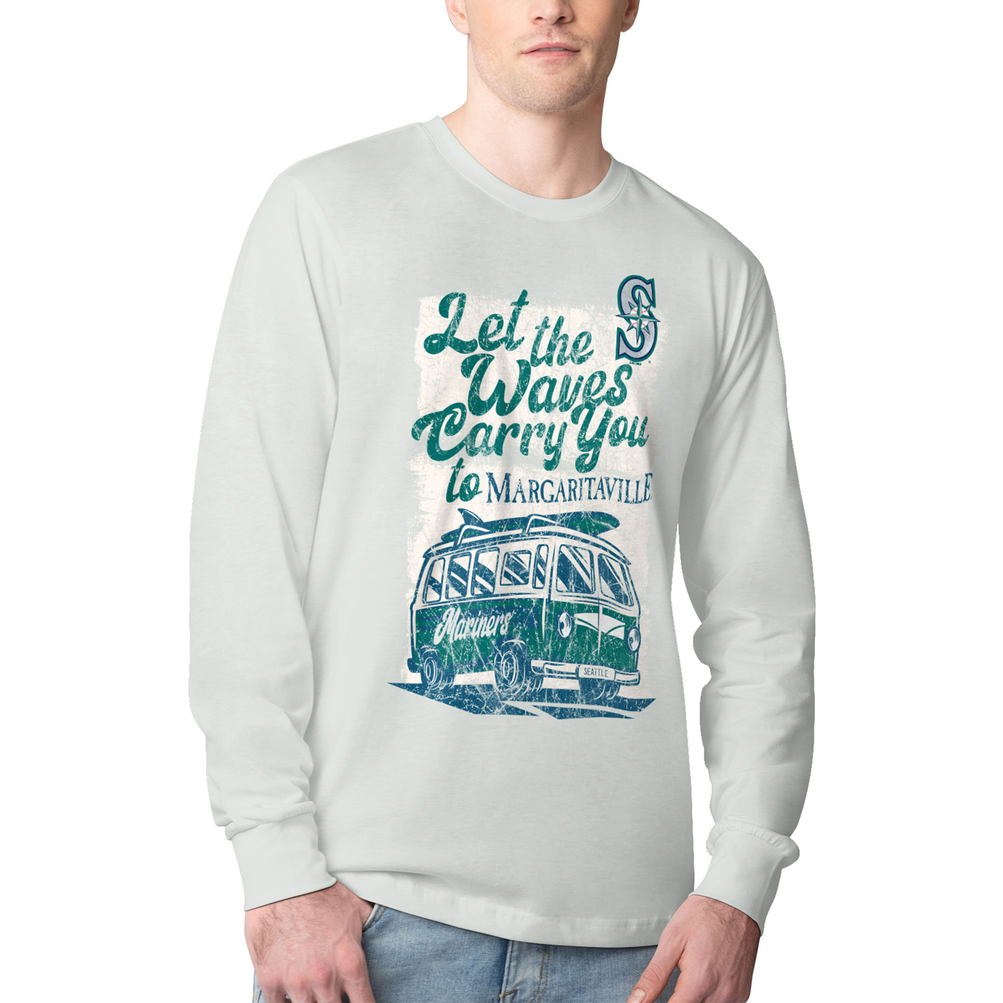 Men's Margaritaville Silver Seattle Mariners Bus Waves Graphic Long Sleeve T-Shirt