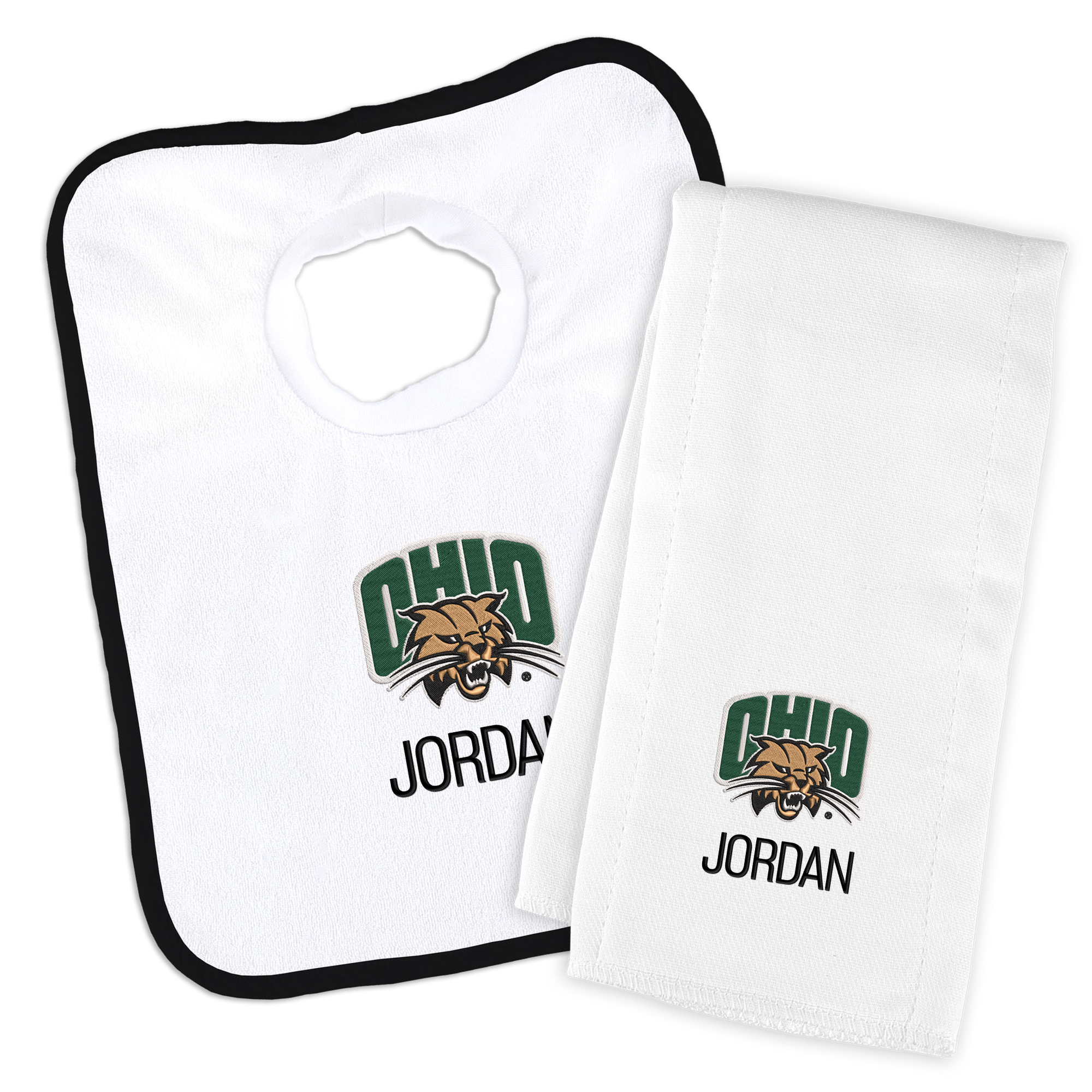 Infant Chad & Jake Ohio Bobcats Team Personalized Bib & Burp Cloth Set