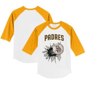 Infant Tiny Turnip White/Gold San Diego Padres Baseball Tear Raglan 3/4 Sleeve T-Shirt