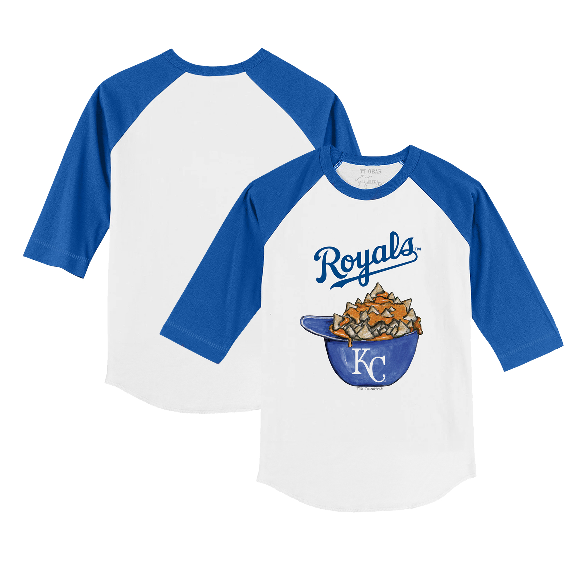 Infant Tiny Turnip White/Royal Kansas City Royals Nacho Helmet Raglan 3/4 Sleeve T-Shirt