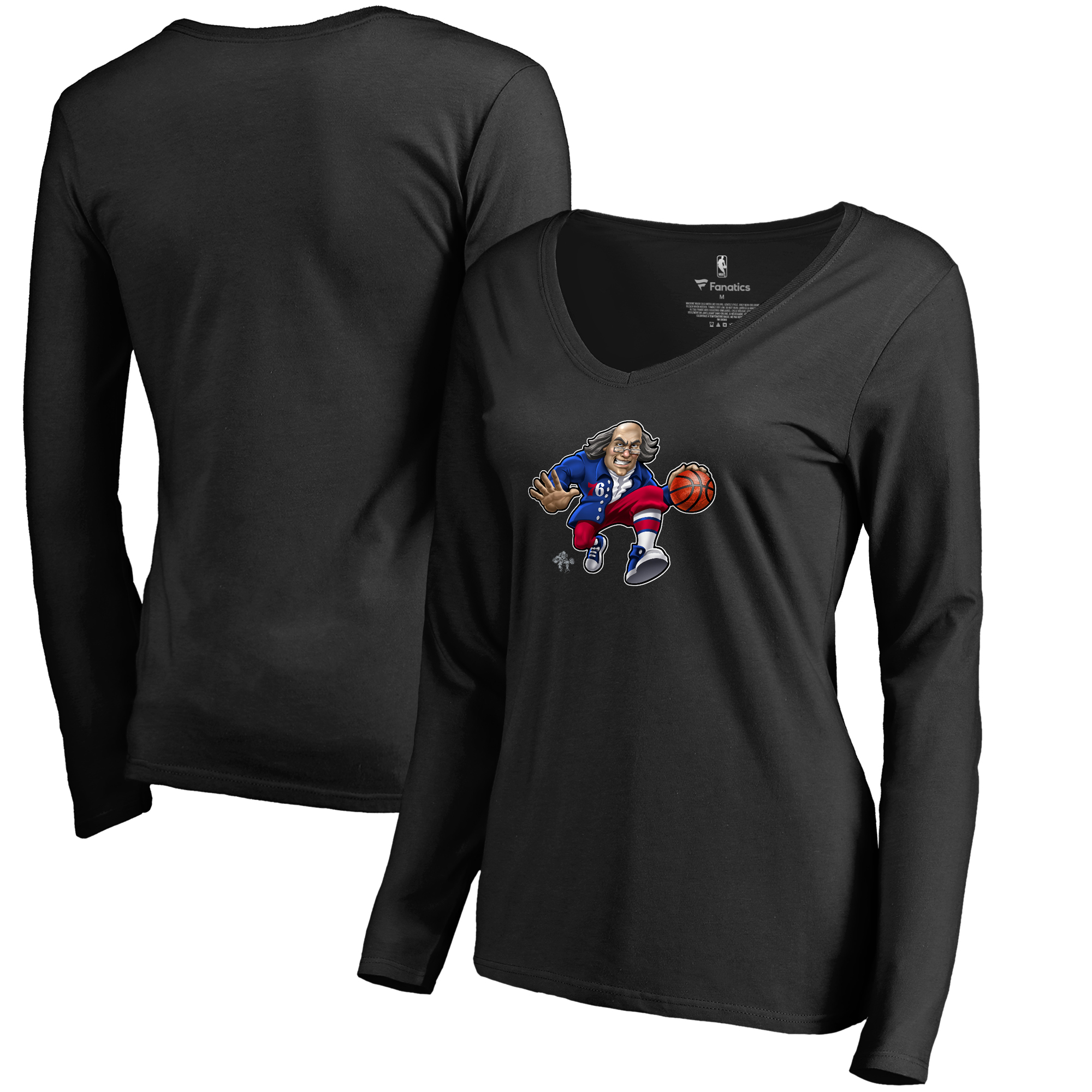Women's Black Philadelphia 76ers Midnight Mascot Long Sleeve V-Neck T-Shirt - Image 2