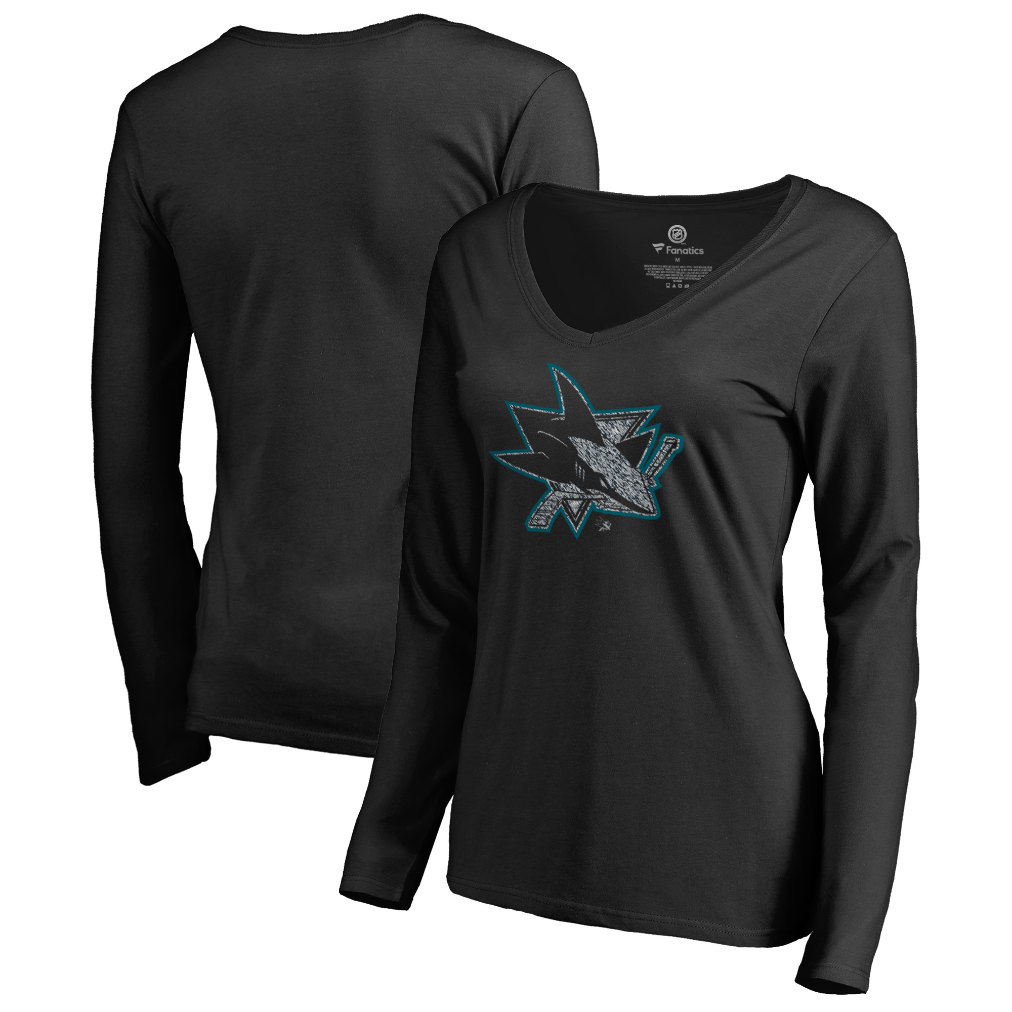 Women's Black San Jose Sharks Static Logo Long Sleeve V-Neck T-Shirt - Image 5