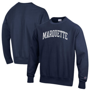Men's Champion Navy Marquette Golden Eagles Reverse Weave Fleece Crewneck Sweatshirt