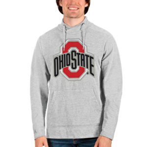 Men's Antigua Heathered Gray Ohio State Buckeyes Team Logo Reward Crossover Neckline Pullover Sweatshirt