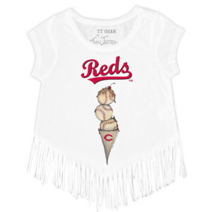 Girls Toddler Tiny Turnip White Cincinnati Reds Triple Scoop Fringe T-Shirt