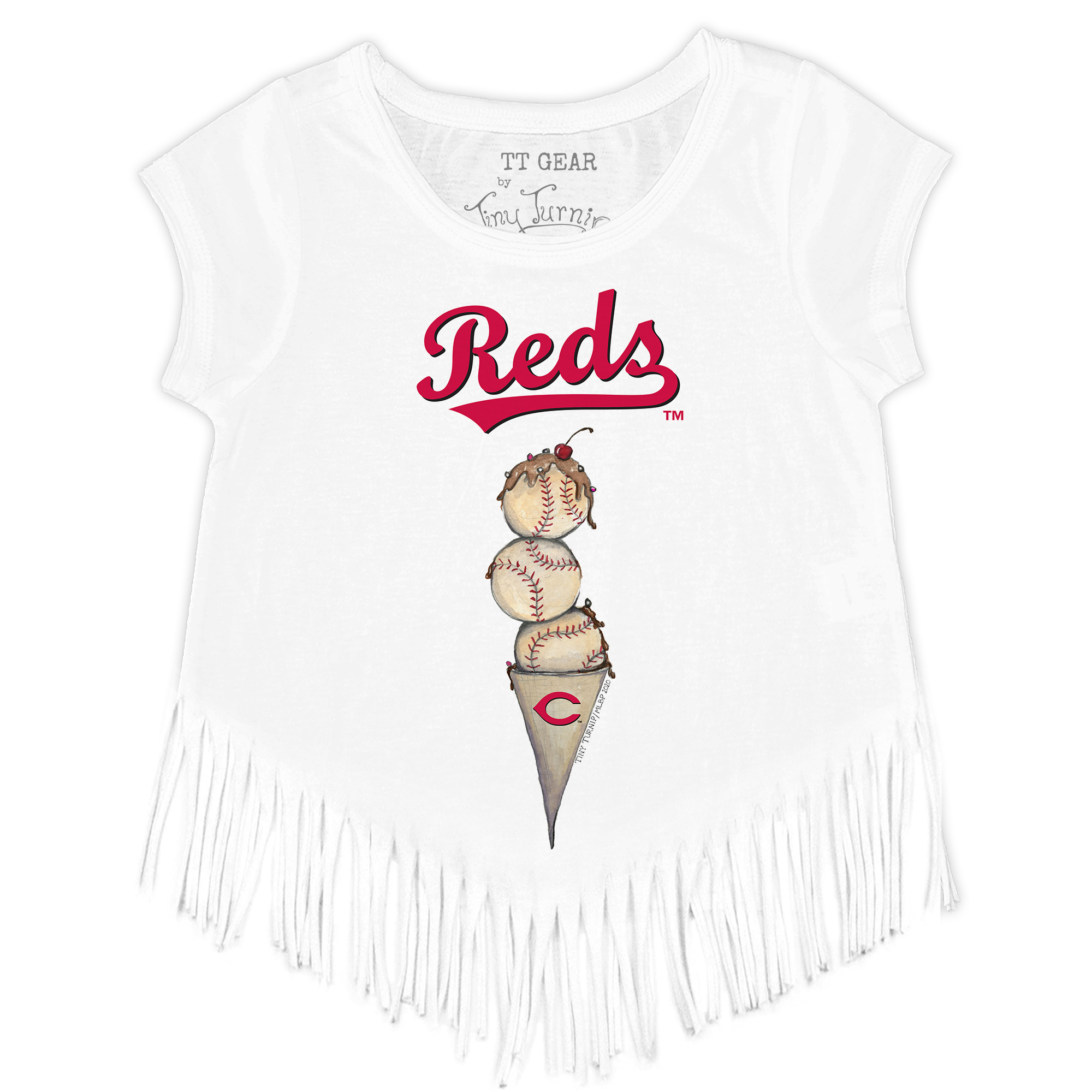 Girls Toddler Tiny Turnip White Cincinnati Reds Triple Scoop Fringe T-Shirt