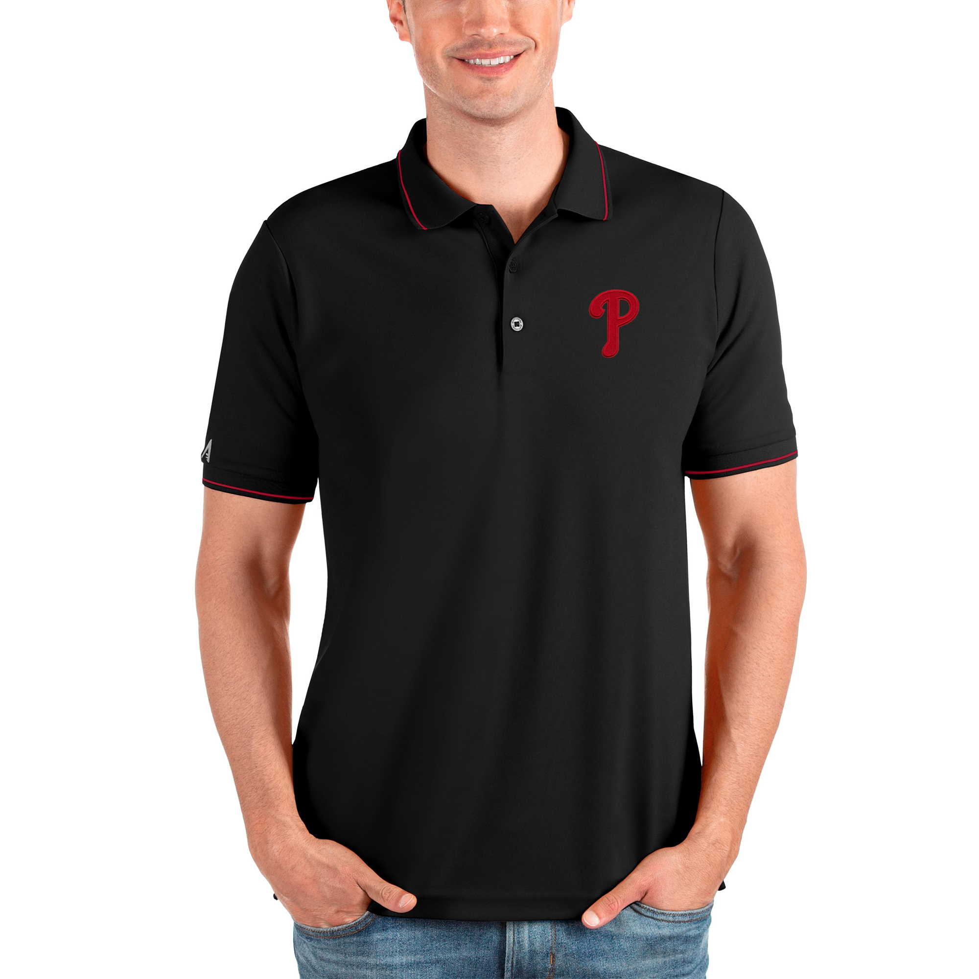 Men's Antigua Black Philadelphia Phillies Affluent Polo