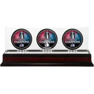 Colorado Avalanche 2022 Stanley Cup Champions Mahogany Three Hockey Puck Logo Display Case
