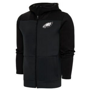 Men's Antigua Charcoal/Black Philadelphia Eagles Metallic Logo Protect Full-Zip Hoodie