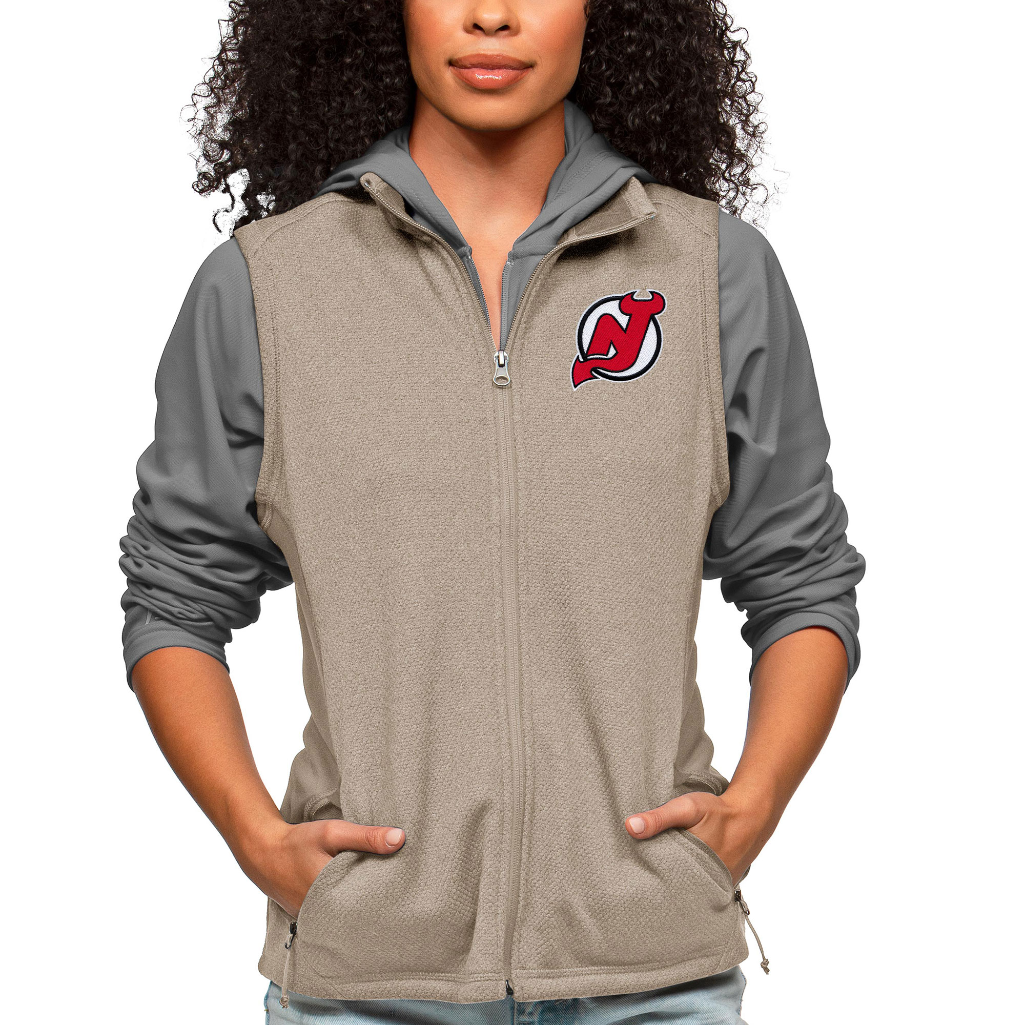 Women's Antigua Oatmeal New Jersey Devils Primary Logo Course Full-Zip Vest