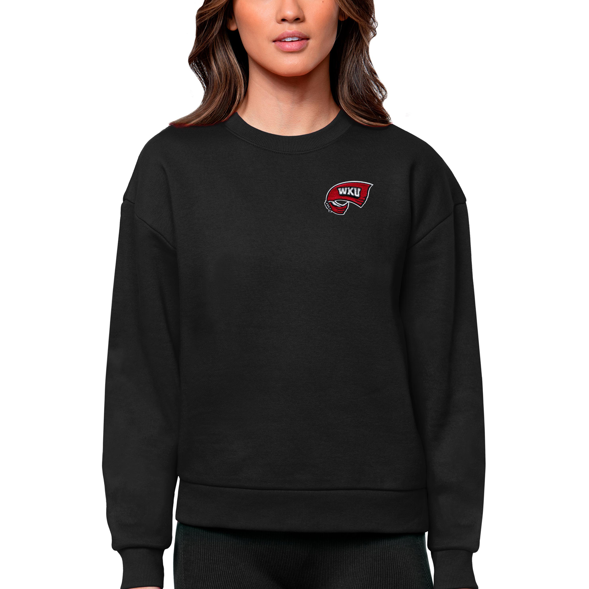 Women's Antigua Black Western Kentucky Hilltoppers Logo Victory Crewneck Pullover Sweatshirt