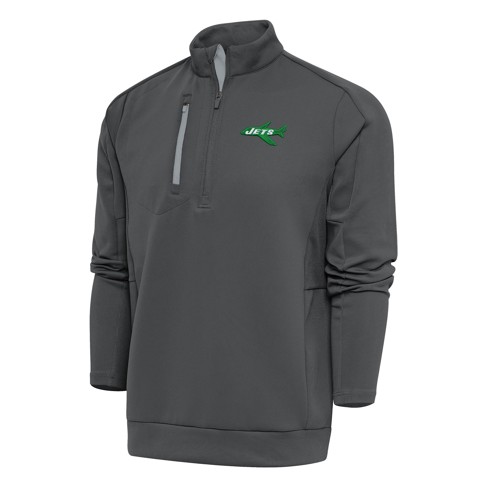 Men's Antigua Charcoal New York Jets Team Logo Throwback Generation Quarter-Zip Pullover Top