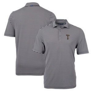 Men's Cutter & Buck Black Georgia Tech Yellow Jackets Throwback Logo Virtue Eco Pique Stripe Recycled Polo