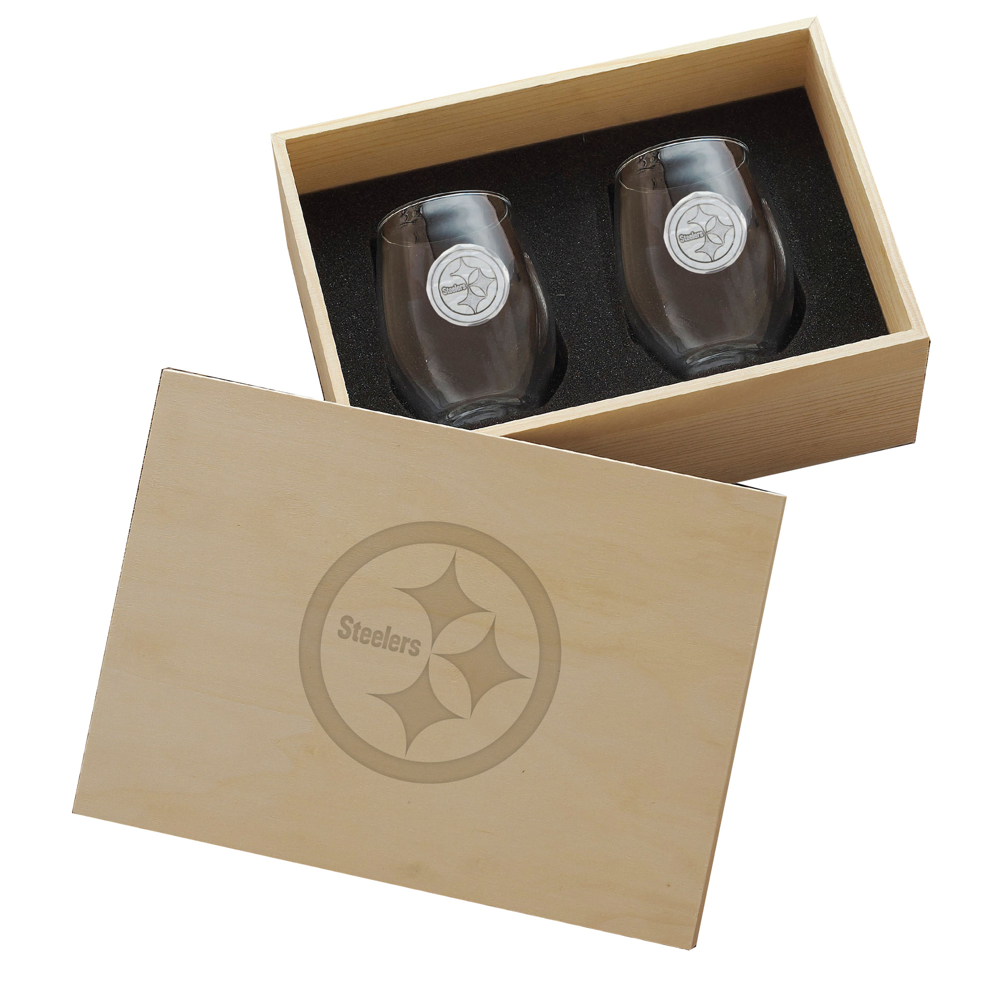 Pittsburgh Steelers Two-Piece Stemless Wine Glass Set with Collector's Box